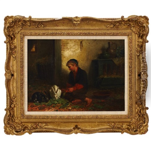 Boy Feeding His Rabbits Oil Painting - Jan Jacobus Matthijs Damschroeder