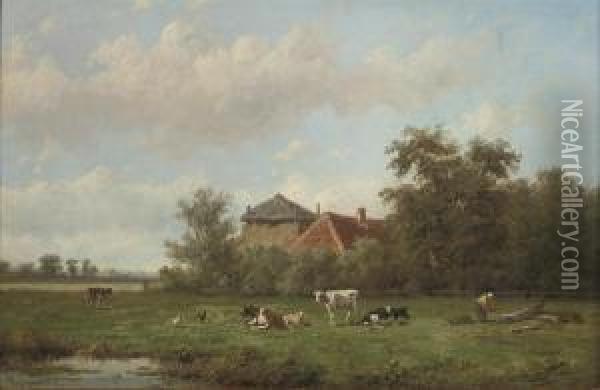 Cattle Grazing With A Farmstead Beyond Oil Painting - Anthonie Jacobus Van Wyngaerts