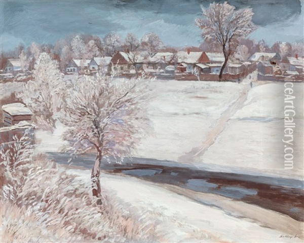 Szolnok Brook-side In Winter Oil Painting - Lajos Szlanyi