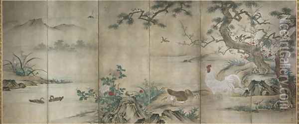 Birds and Flowers six panel folding screen Muromachi period Oil Painting - Shoei Kano