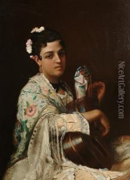 Portrait, Half Length, Of A 
Spanish Lady, Wearing An Embroidered Silk Shawl, Playing The Guitar Oil Painting - Henry Guillaume Schlesinger