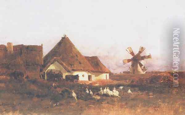 Landscape with Windmill Detail of Szentivan c. 1880 Oil Painting - Geza Meszoly