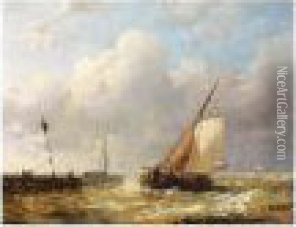 Sailingvessels In Choppy Waters Oil Painting - Abraham Hulk Jun.