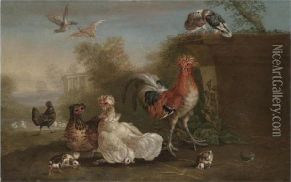 A Cockerel, Hens, Chicks, Pigeons And Other Fowl In A Park Landscape Oil Painting - Pieter III Casteels