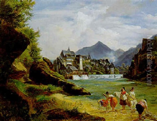 Wascherinnen Am Flusufer, Im Hintergrund Eine Stadtkulisse Oil Painting - Carl Mayer