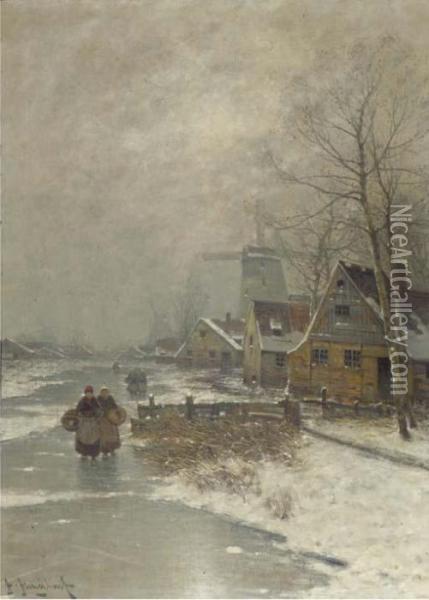 Walking Home In Winter Oil Painting - Johann Jungblutt