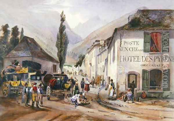 Arrival and Repair of a Stagecoach at Luz on the Road to Barreges Oil Painting - Jean Jacottet