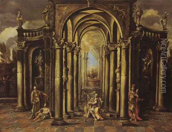 An Architectural Capriccio Of A Classical Building Adorned With Statues And David Playing The Harp Oil Painting - Giovanni Ghisolfi