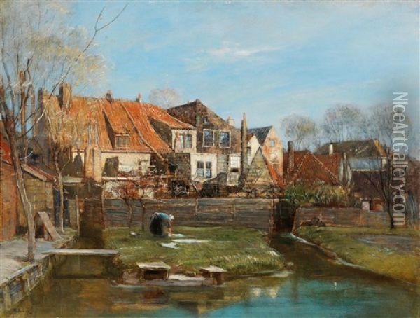 Washerwoman On The Banks Of A River Oil Painting - Rudolf Ribarz
