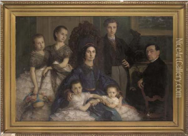 Portrait Of A Family, In An Interior Oil Painting - Emmanuel Genty