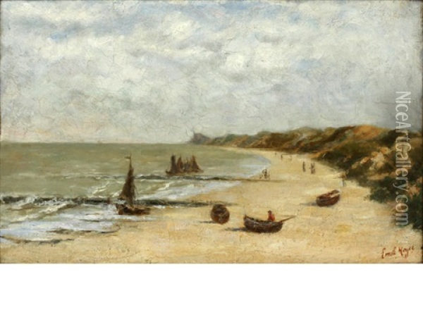 Coastal Scene With Beached Rowing Boats Oil Painting - Emile Meyer