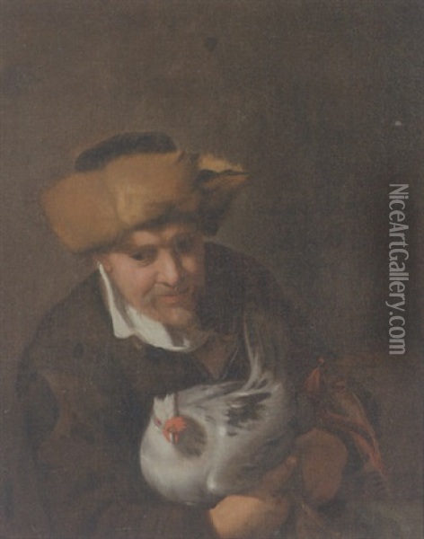 Mand Med Pelshat Holdende En Hone Oil Painting - Karel van Mander III
