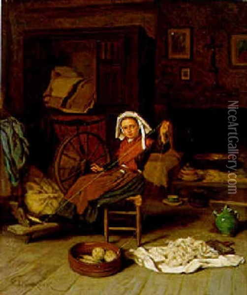 At The Spinning-wheel Oil Painting - Theophile Emmanuel Duverger