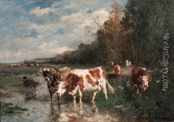 Cows Watering Oil Painting - Marie Dieterle