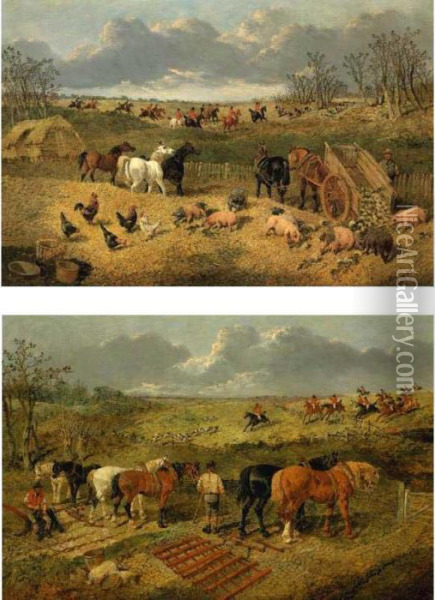 Taking The Fence And Into The Covert: A Pair Oil Painting - John Frederick Herring Snr