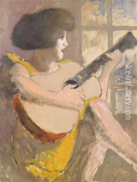 Joueuse De Guitare (esquisse D'autoportrait Au Verso) Oil Painting - Armand Rassenfosse