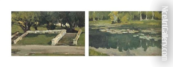 Study Of Water Lilies; And Study Of Garden Steps Oil Painting - Ivan Leonardovich Kalmykov