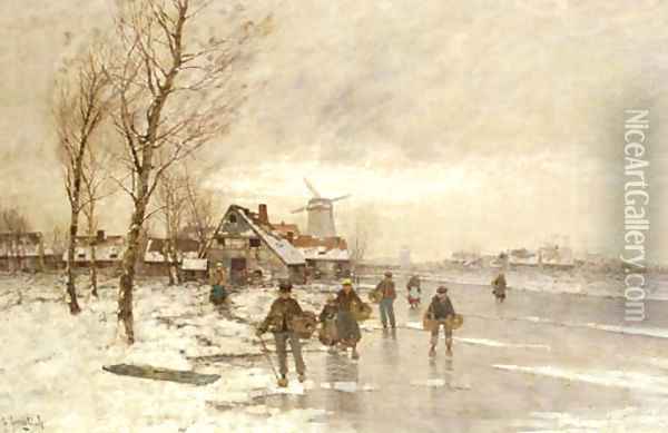 A winter landscape with figures on a frozen waterway Oil Painting - Johann II Jungblut