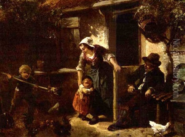 A Family In A Court Yard Oil Painting - Mari ten Kate