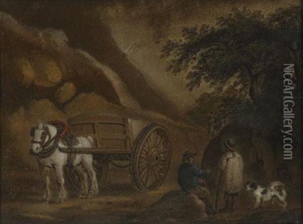 A Shire Horse And Cart, A Dog And Two Farm Labourers Talking Oil Painting - Benjamin Zobel