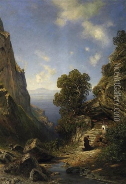 In Einer Felsenschlucht Auf Capri (?). Betender Monch An Einer Kreuzwegstation Oil Painting - Ascan Lutteroth