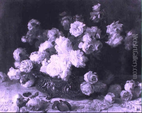 Bouquet De Roses Dans Une Jardiniere D'argent Oil Painting - Hortense M.G. Dury-Vasselon