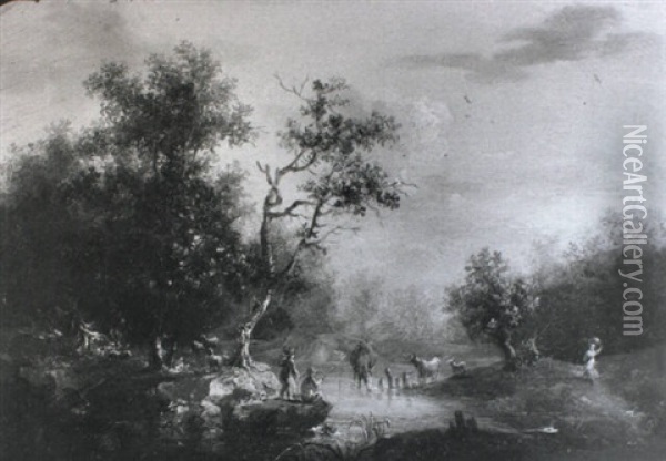 Peasants Fishing By A Stream Oil Painting - Norbert Joseph Carl Grund