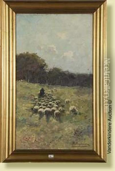 Berger Et Son Troupeau Dans La Clairiere Oil Painting - Maurice Hagemans