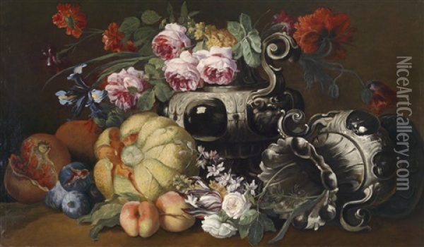 Ein Stillleben Mit Blumen Und Fruchten Und Zwei Barocken Prunkvasen Oil Painting - Abraham Brueghel