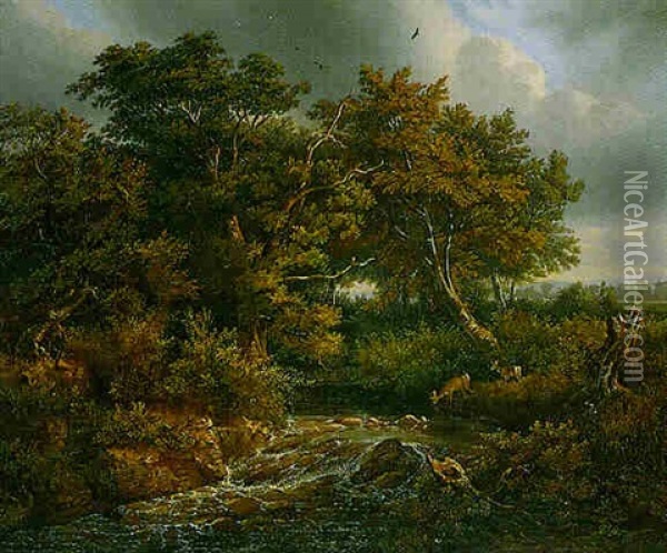 Waldlandschaft Mit Bach Und Rehen Oil Painting - Ludwig August Burckhardt