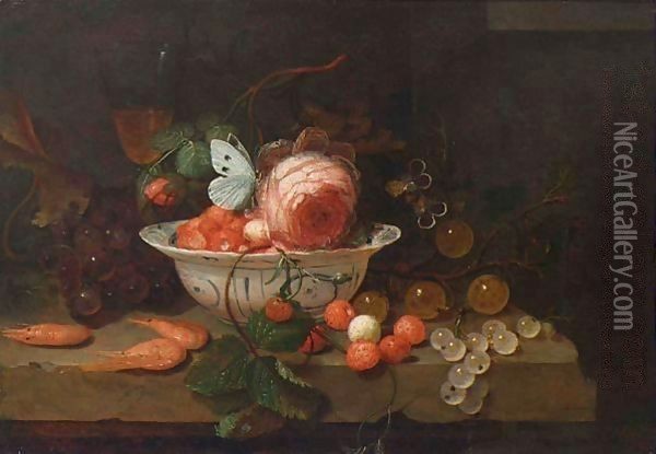 A Stil Life With A Porcelain Bowl With Strawberries, A Rose And A Butterfly, A Wineglass, Grapes, Prawns, Gooseberries, All On A Stone Ledge Oil Painting - Jan Mortel