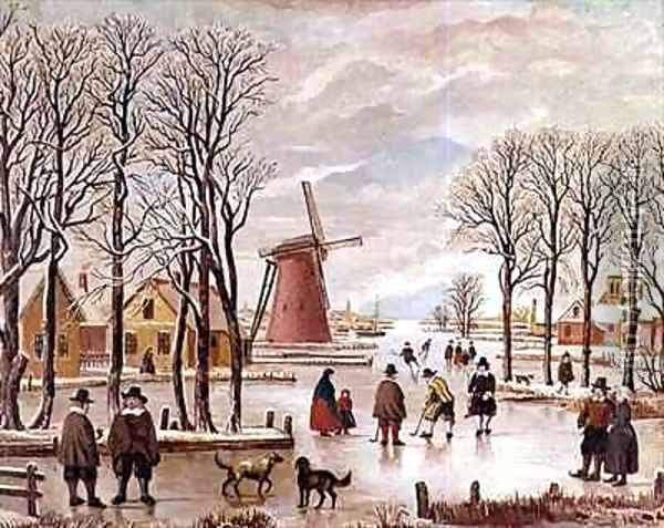Dutch Winter Scene Oil Painting - J. van der Bowlen