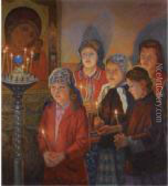 In The Church Oil Painting - Nikolai Petrovich Bogdanov-Belsky