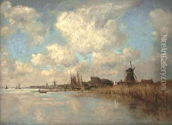 River landscape with windmills in the distance Oil Painting - James Levin Henry