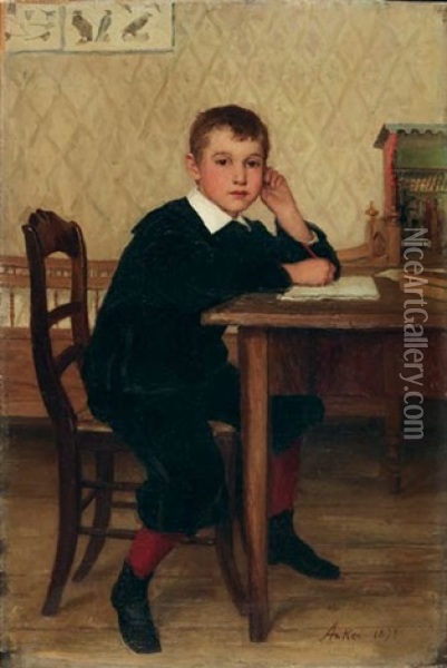 Alfred Zuber Am Tisch Sitzend Oil Painting - Albert Anker