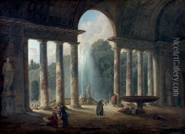 Fontaine Sous Un Portique Ou Le Portique De La Villa Medicis Oil Painting - Hubert Robert