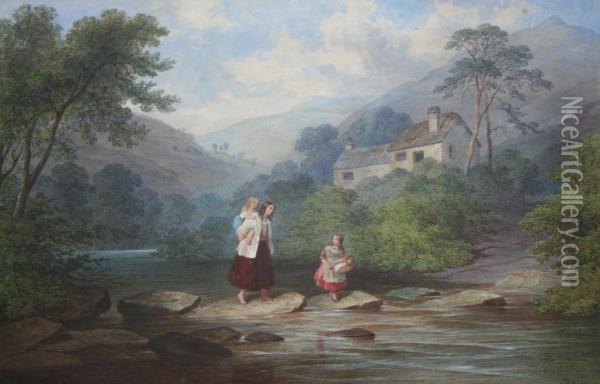 A Country Family On Stepping Stones Oil Painting - Charles Frederick Buckley