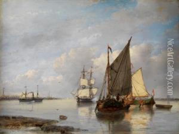 Segelschiffe Und Dampfer In Einer Bucht Nahe Dem Ufer Oil Painting - Petrus Jan Schotel