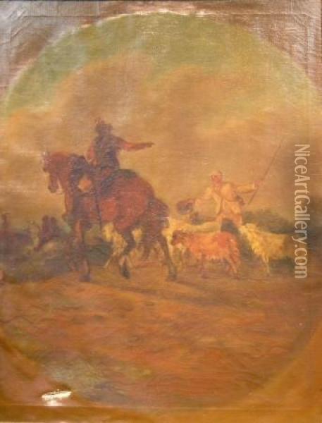 Soldier On Horseback With Farmhand And Goat In A Field Oil Painting - Francesco Giuseppe Casanova