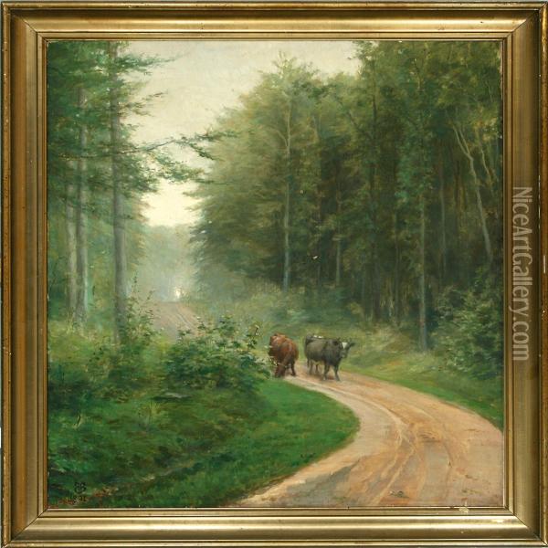 Grazing Cows On A Spring Forest Path Oil Painting - Brita Barnekow