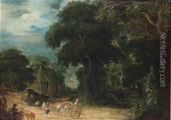 A Wooded Landscape With A Woman In A Horse-drawn Cart And A Shepherd And His Herd On A Path Oil Painting - Abraham Govaerts