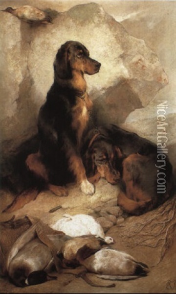 Two Setters With The Day's Bag Oil Painting - Edwin Douglas