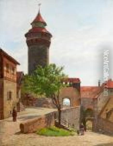 People In A South European Town Scenery With A Round Tower. Signed Aug. Fischer 99 Oil Painting - August Fischer