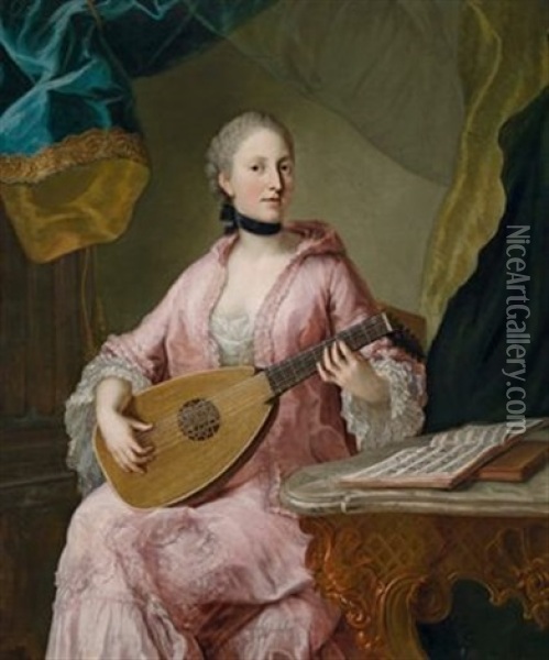 Portrat Einer Eleganten Lautenspielerin Oil Painting - George de Marees