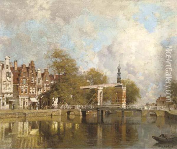 The Canal Verdronkenoord With The Accijnstoren, Alkmaar Oil Painting - Johannes Christiaan Karel Klinkenberg