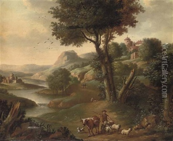 A River Landscape With A Shepherd And His Flock On A Track Oil Painting - Jan Griffier the Elder