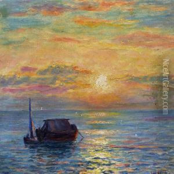 Seascape With A Fishing Boat At Sunset Oil Painting - Wartan Mahokian