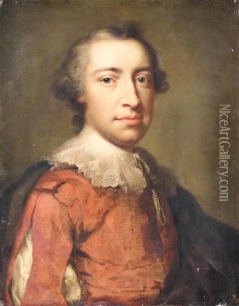 Portrait Of A Gentleman, Half Length, Wearing Red And In 17th Century Costume (by Anton Raphael Mengs And Studio) Oil Painting - Anton Raphael Mengs