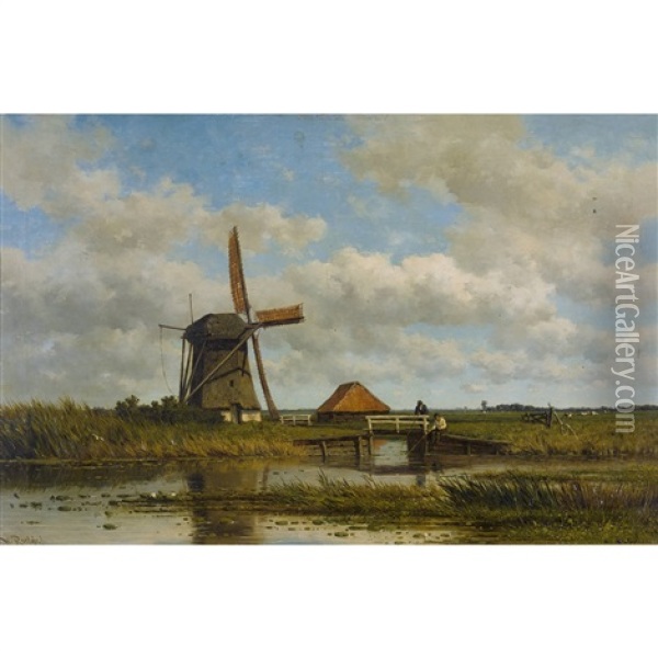 Weite Landschaft Mit Windmuhle Und Anglern Oil Painting - Willem Roelofs