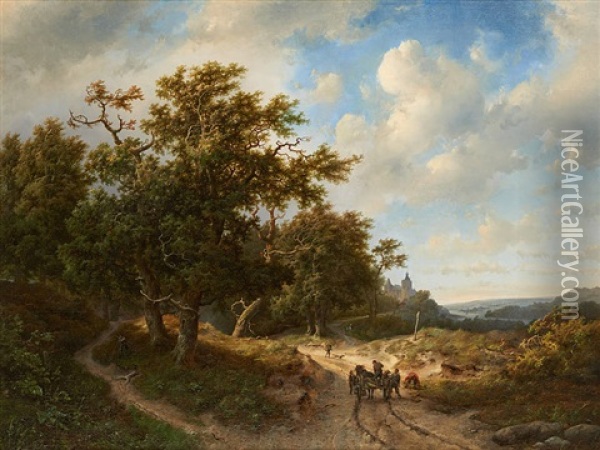 Chariot Attele Sur Fond De Paysage Avec Chateau Oil Painting - Marinus Adrianus Koekkoek